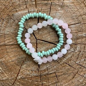 Rose Quartz + Matte Pastel Green Bracelet Stack